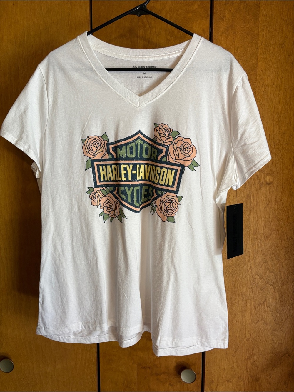 Harley-Davidson White V-Neck Tee with Rose Shield Graphic